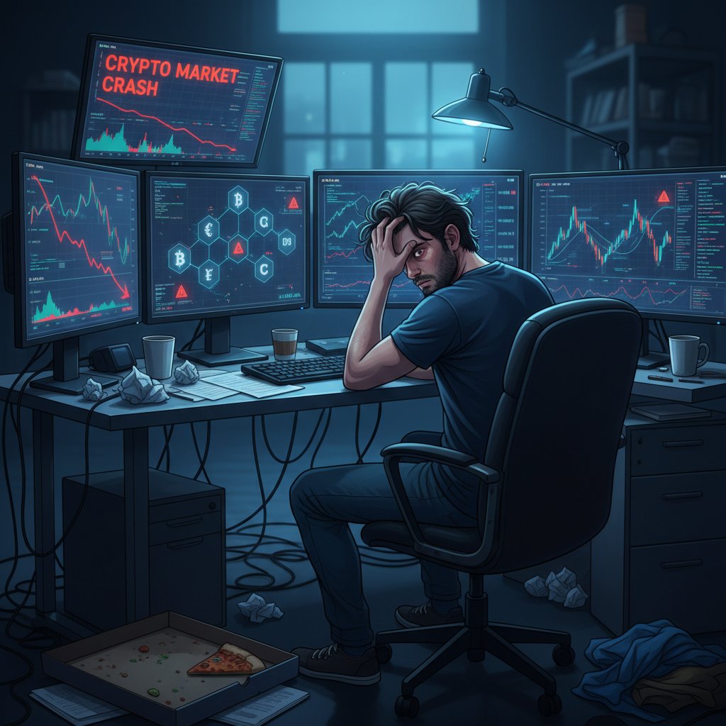 Zdjęcie osoby przeglądającej wykresy giełdowe z wyraźnym napięciem na twarzy, na ekranie blockchain i kryptowaluty