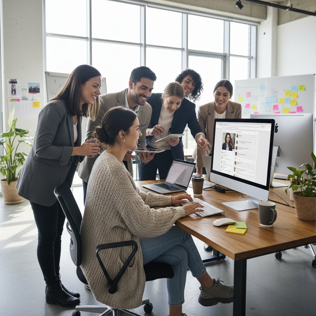 Zdjęcie: bloger w interakcji z czytelnikami, emocje, nowoczesne biuro, temat: mikrointerakcje blogowe