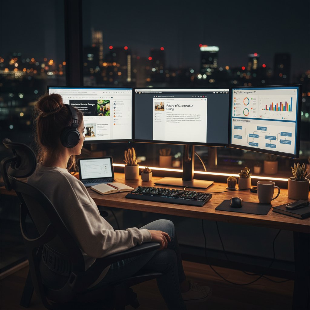 Pracownik bloga przy trzech monitorach, na ekranach: research, edycja tekstu i panel analityczny – automatyzacja procesu blogowego na każdym etapie