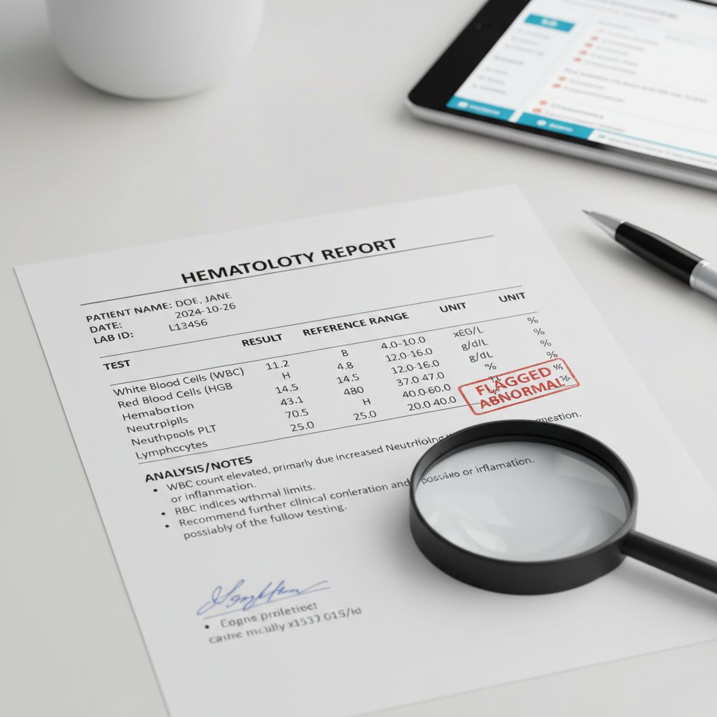 Wyniki morfologii krwi z podkreślonymi wartościami, scena w profesjonalnym laboratorium