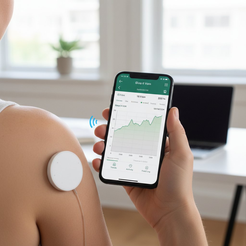 Osoba analizująca dane z sensora glikemii na smartfonie