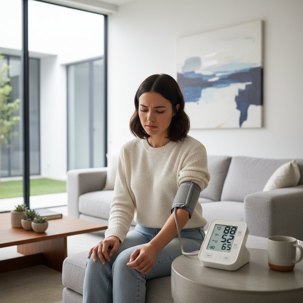 Nowoczesny ciśnieniomierz pokazujący niskie wartości ciśnienia w ręku młodej kobiety