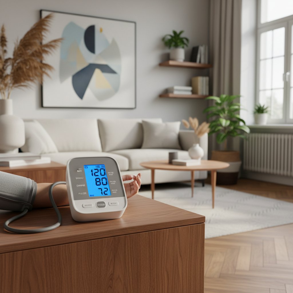 Nowoczesny ciśnieniomierz na stole w polskim domu, skupienie na detalach i atmosferze niepokoju zdrowotnego