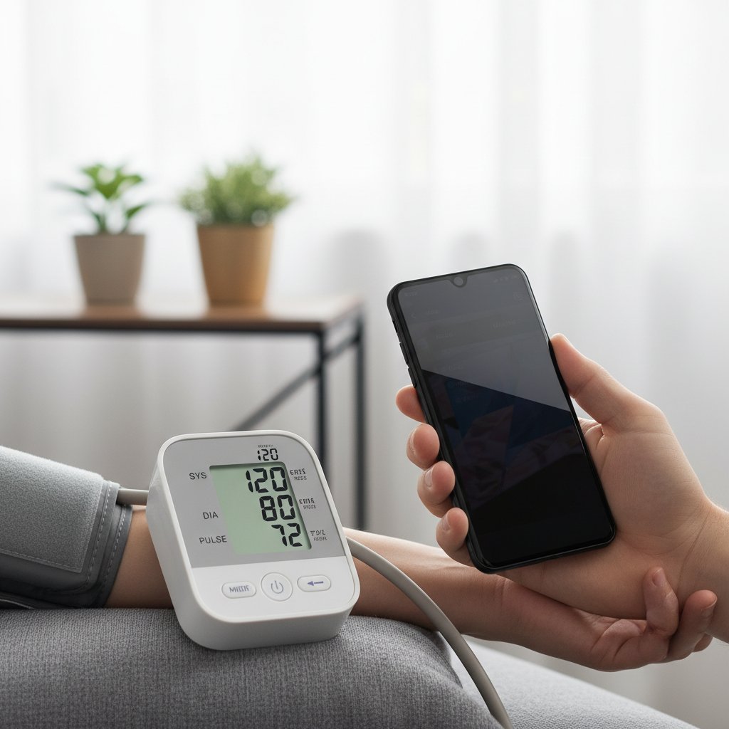 Osoba przeglądająca aplikację zdrowotną na smartfonie, ciśnieniomierz w tle, atmosfera niepokoju prywatności