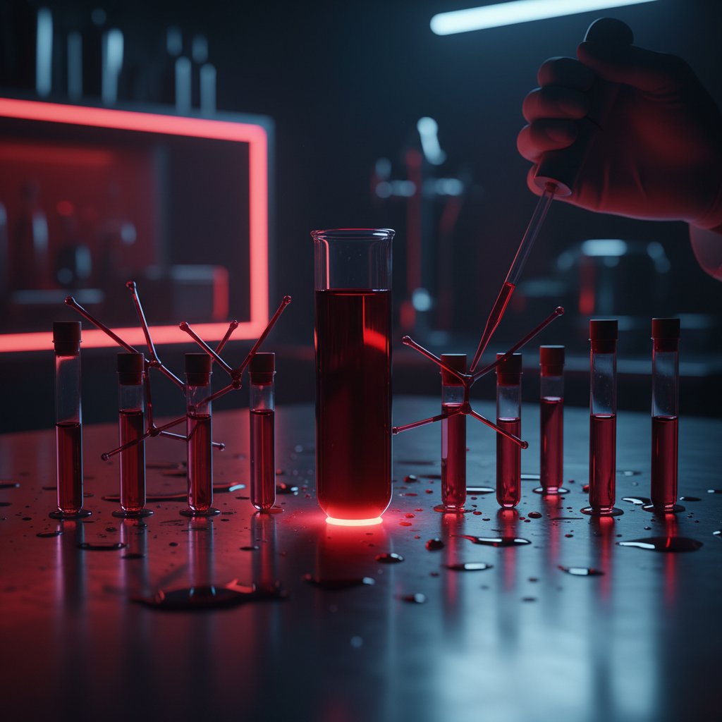 Szklana próbka z krwią na stalowym stole laboratoryjnym, dramatyczne światło, krew, laboratorium, nadzieja i strach