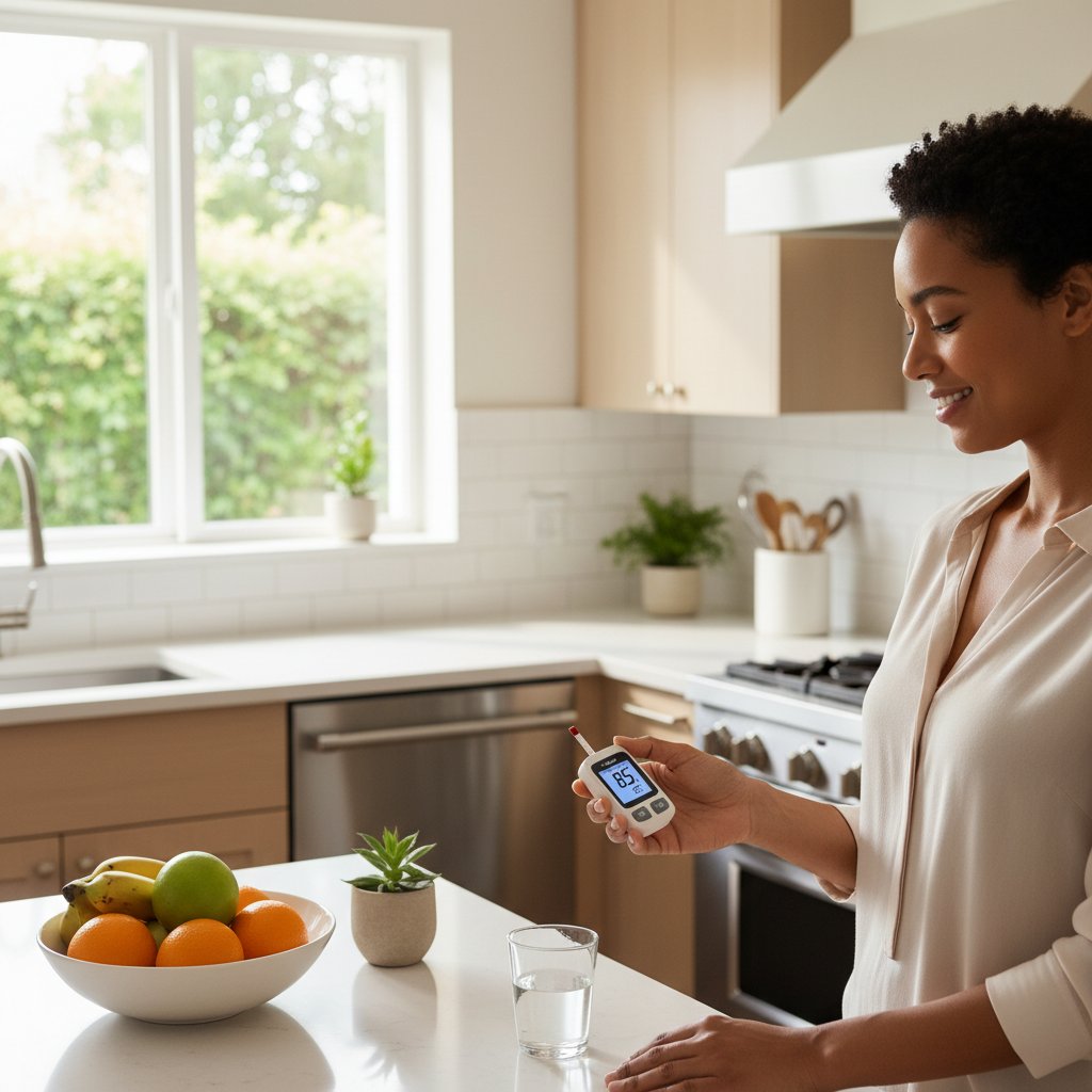 Osoba mierząca poziom cukru po zapaleniu trzustki w kuchni