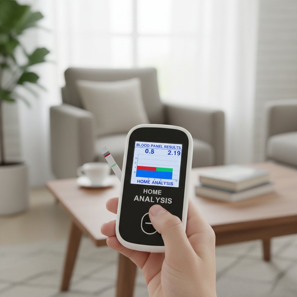 Zbliżenie na wynik badania krwi i dłoń osoby analizującej dane w domu