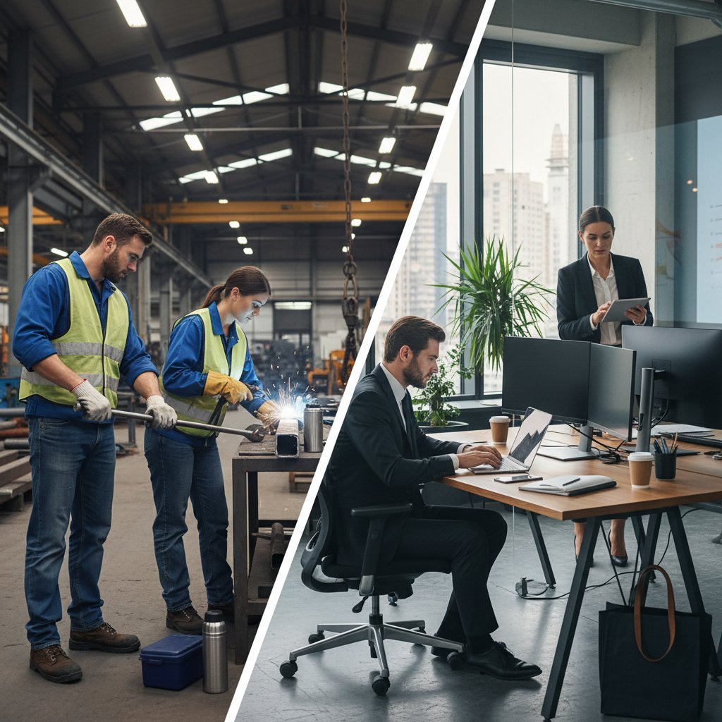 Blue-collar workers and office employees in parallel, visually contrasting workplace settings