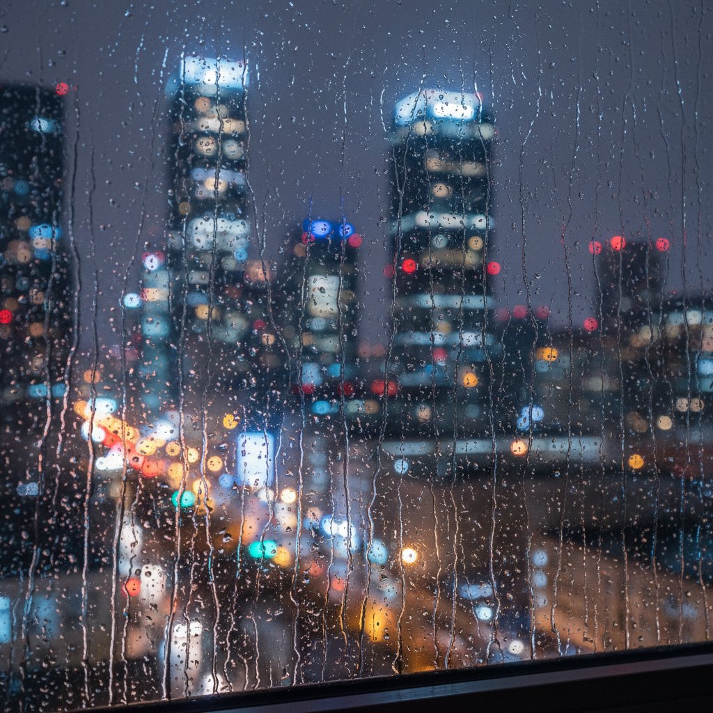 Miasto widziane oczami osoby z objawami psychotycznymi, rozmyte światła nocą, deszcz