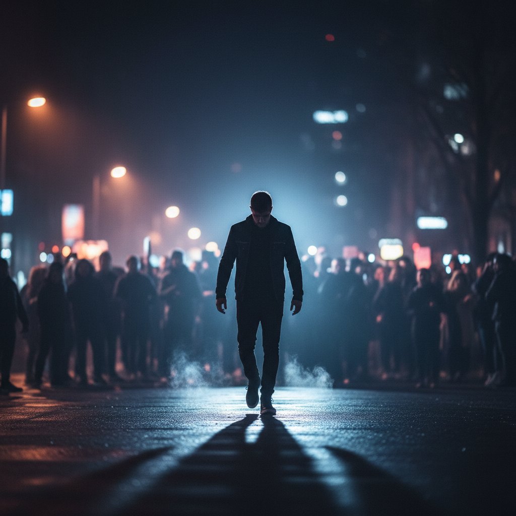 Zamazana grupa ludzi, jedna osoba rusza na pomoc, noc, napięcie