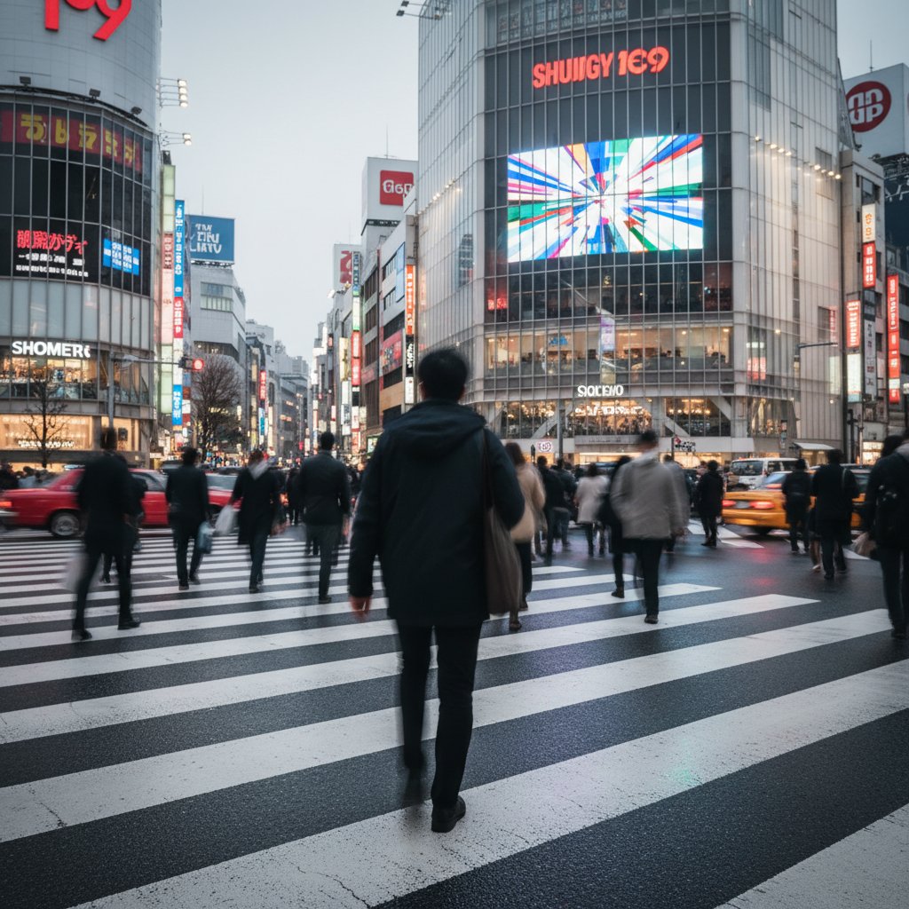 Blurred figure in Tokyo’s Shibuya crossing, highlighting movie lost in translation cinema’s urban alienation