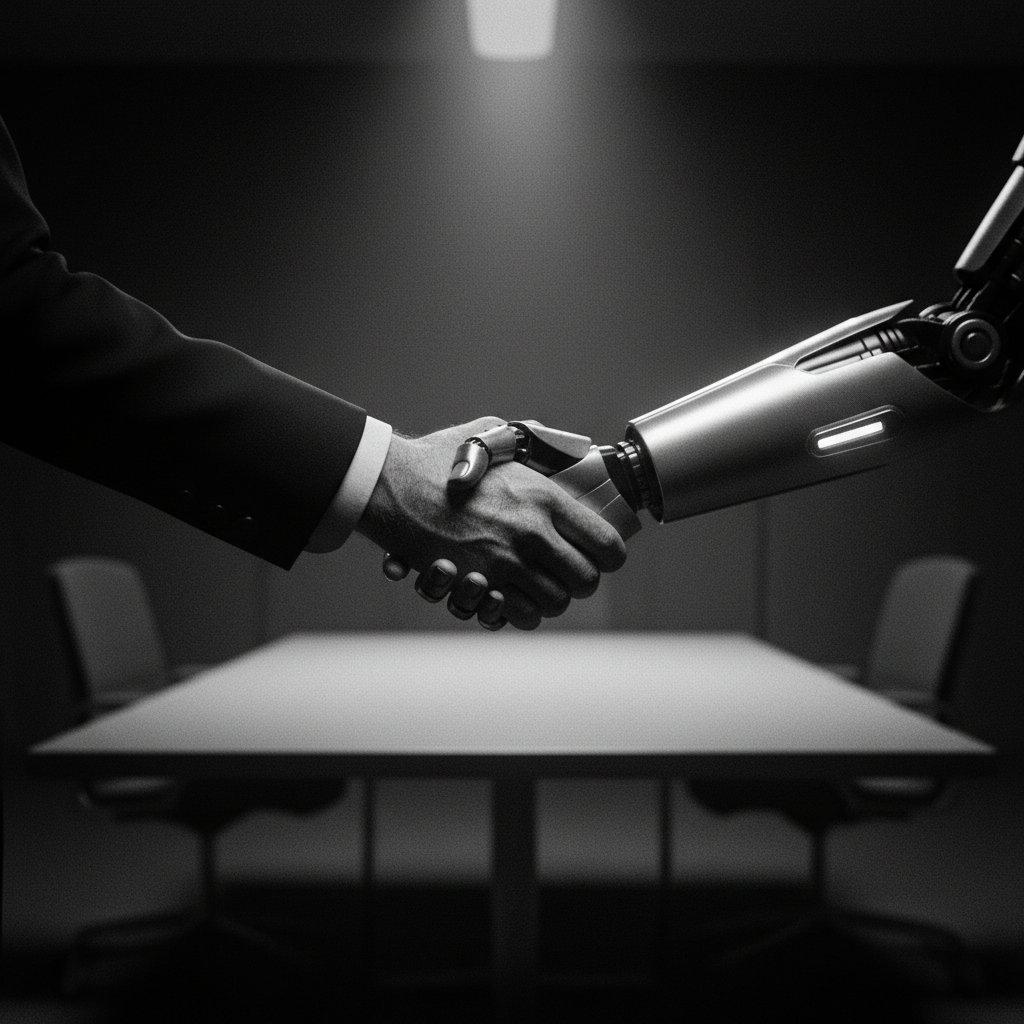 Symboliczne ujęcie granicy między człowiekiem a AI podczas rozmowy kwalifikacyjnej