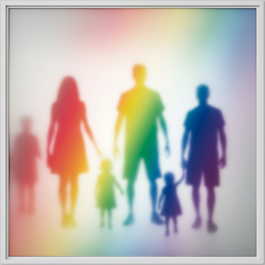 Sylwetki ludzi za zamglonym szkłem z tęczowymi refleksami, symbolizujące różnorodność i niewidzialność społeczności LGBT+