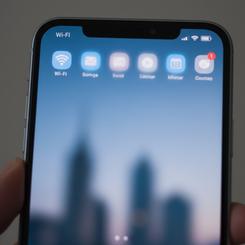 Artystycznie rozmazany ekran smartfona z wieloma ikonami powiadomień, liczne rozpraszacze