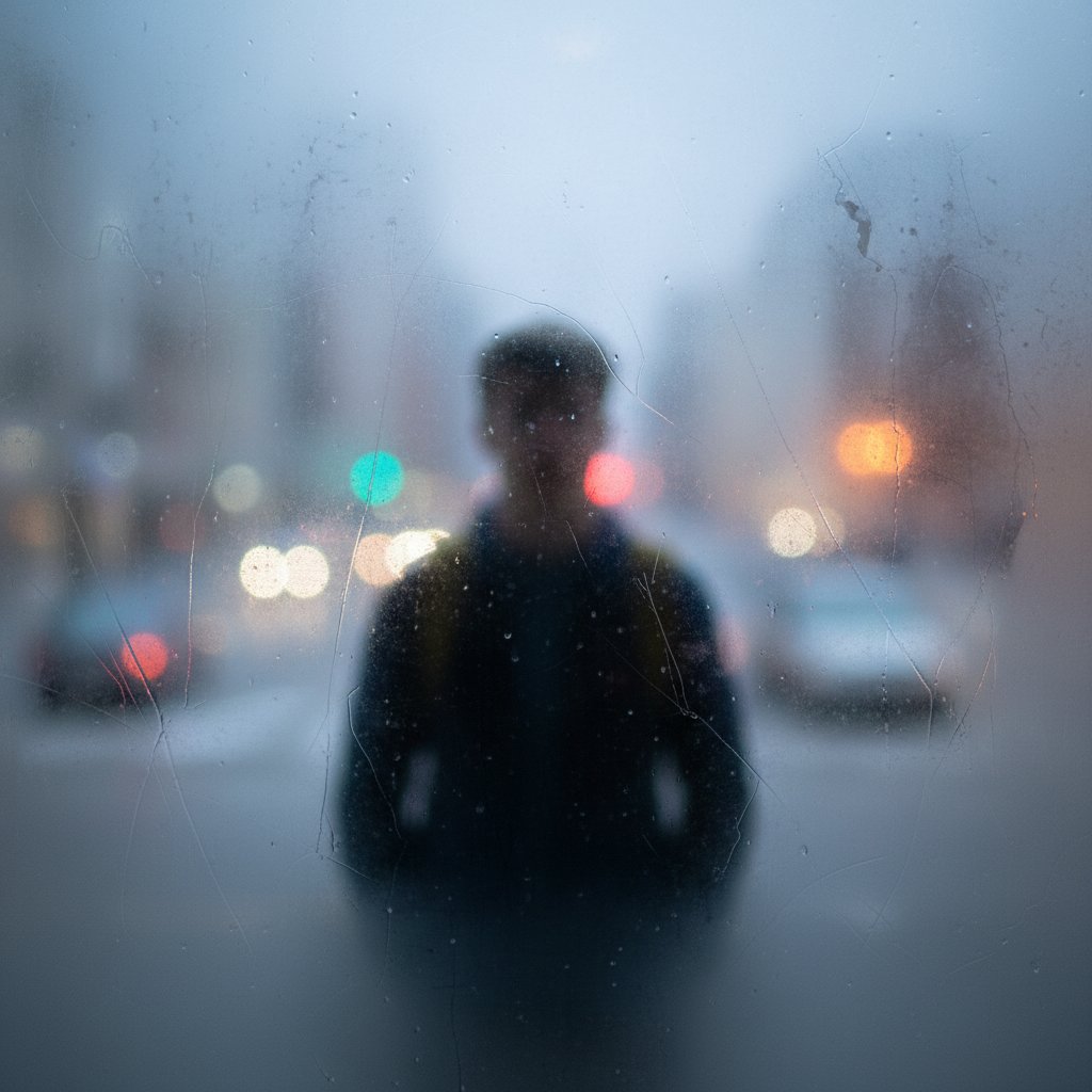 Niepokojąca sylwetka nastolatka za matową szybą, światło kontrastowe, klimat niepewności, keywords: zaburzenia zachowania