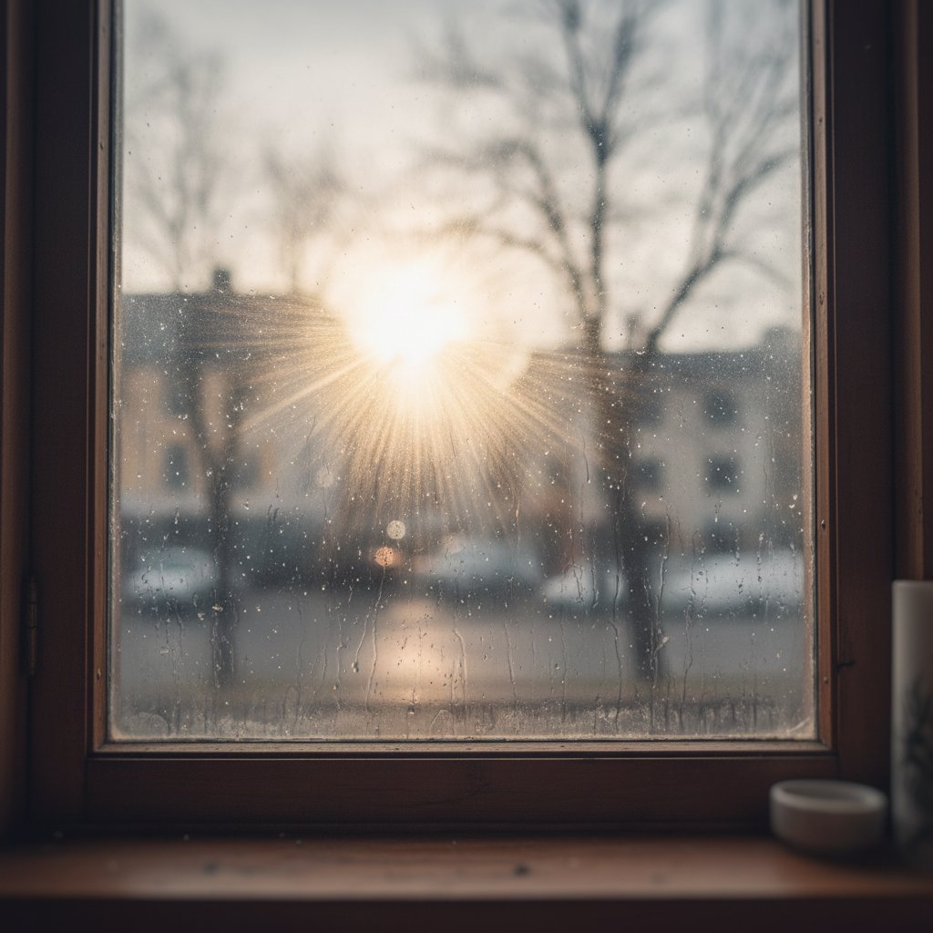 Rozmazany widok przez zaparowaną szybę – symbol pogorszenia wzroku, jedno z powikłań zapalenia tęczówki