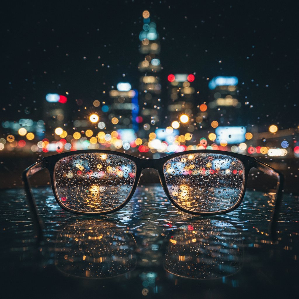 Człowiek patrzy przez zamglone okulary na nocne miasto – symbol walki z niewidzialnym przeciwnikiem jaskry
