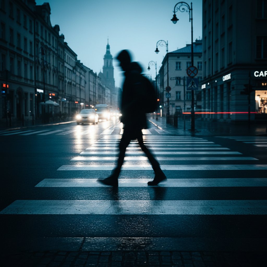 Zamazana sylwetka osoby na przejściu dla pieszych, symbolizująca kontrast między niedowidzeniem a ślepotą