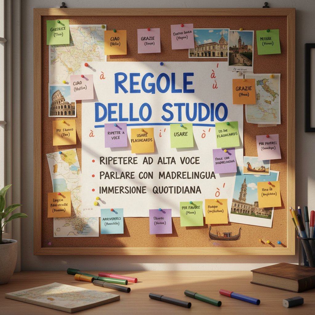 Tablica z zasadami skutecznej nauki, kolorowe notatki, włoskie akcenty