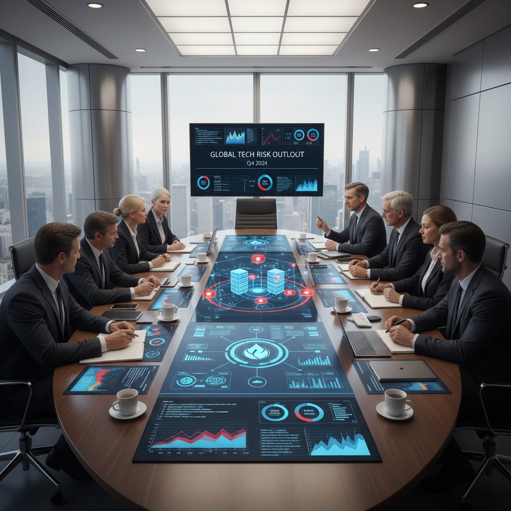 Fotografia zebrania zarządu dużej firmy analizującej ryzyka technologiczne z wykresami na ścianie