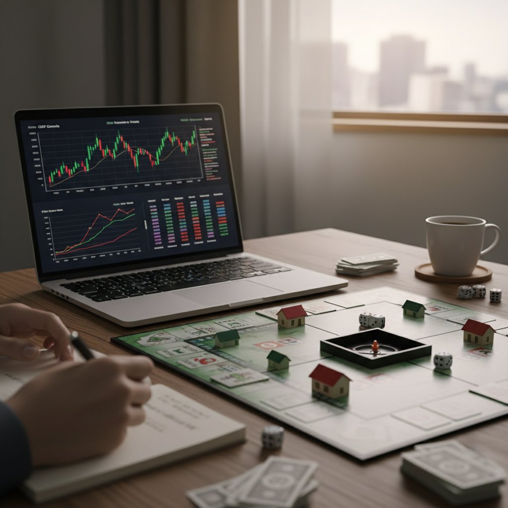 Stare i nowoczesne narzędzia symulacyjne w ekonomii, plansza do gry wojennej obok laptopa z wykresem