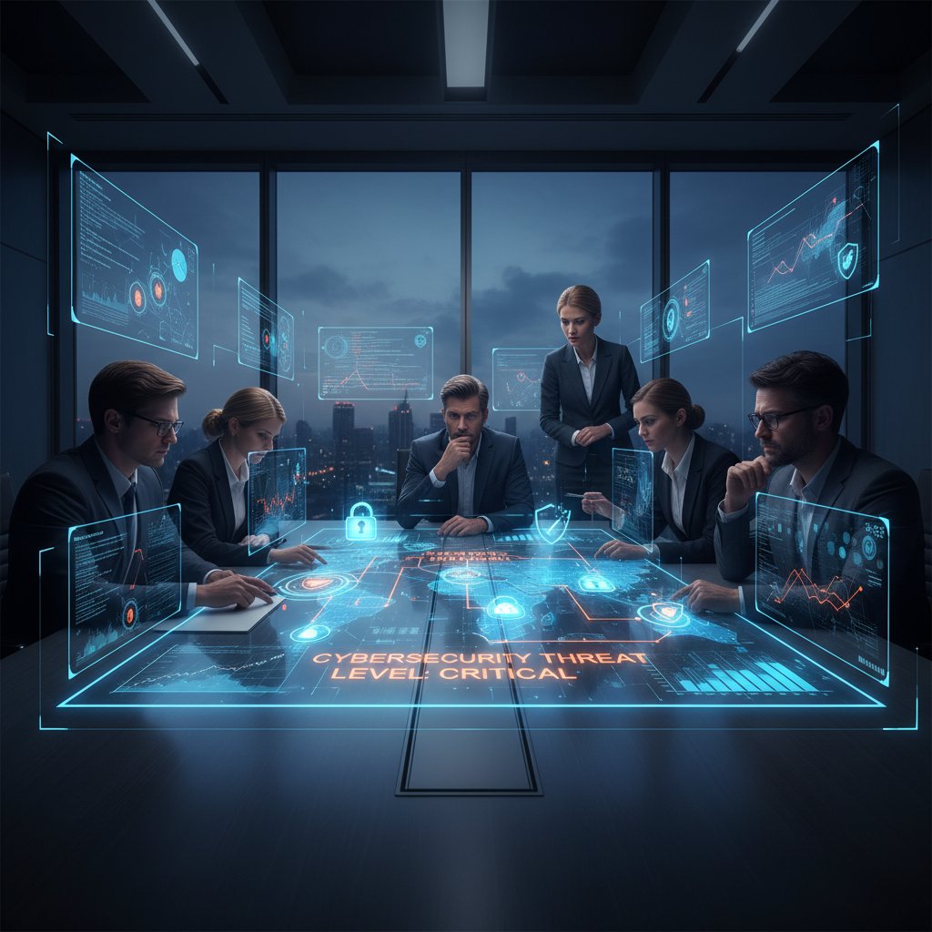 Sala konferencyjna z decydentami analizującymi cyfrową mapę ryzyka inwestycyjnego