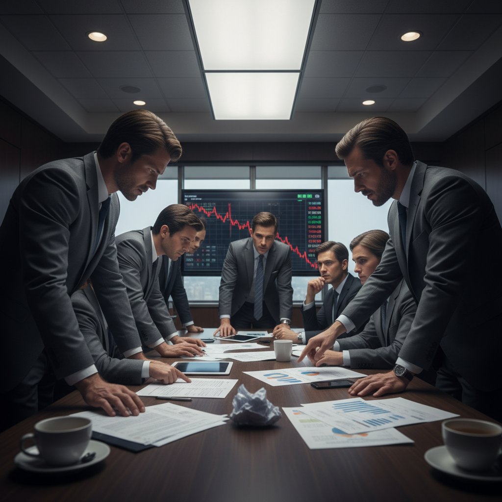 A tense boardroom scene where executives scrutinize financial statements under dramatic lighting, highlighting the seriousness of analyzing financial reports