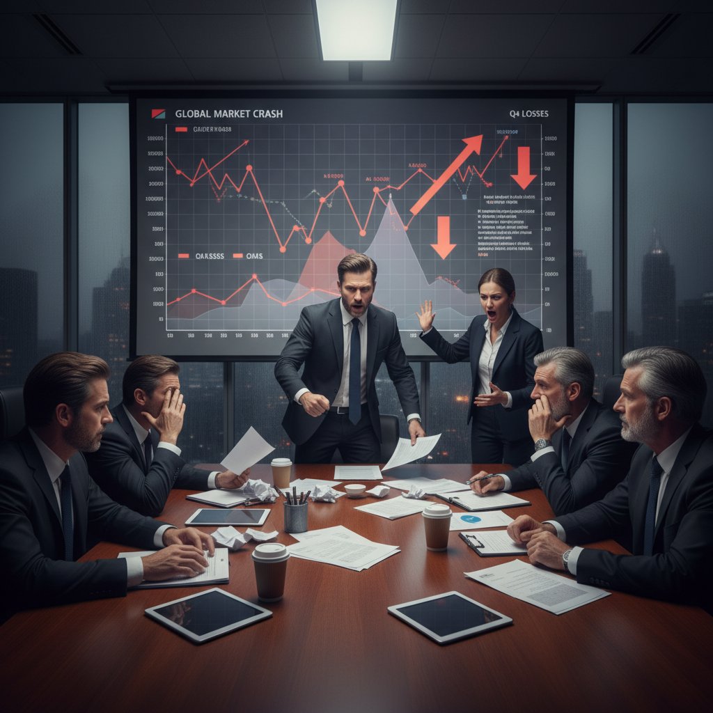 Zarząd analizujący wyniki finansowe w napiętej atmosferze, wykresy na ścianie, dramatyczne światło