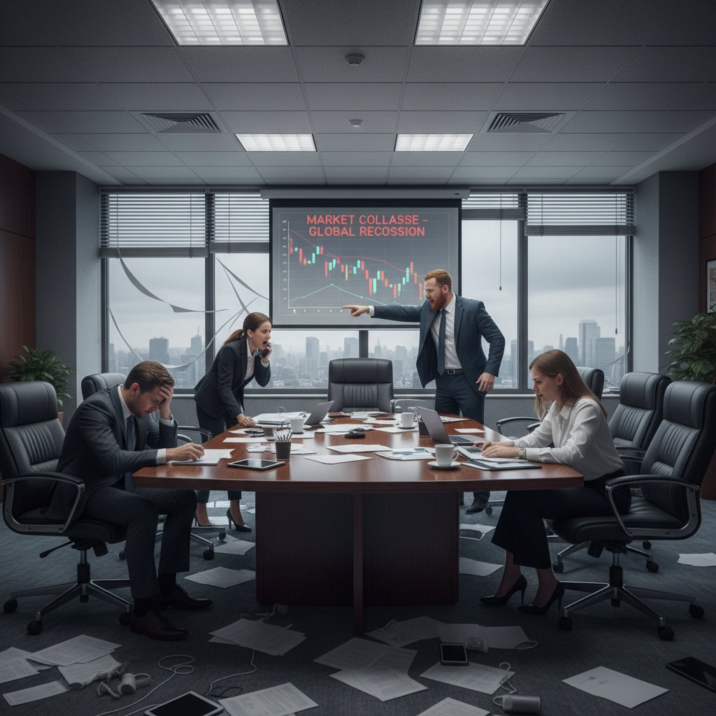 Boardroom in chaos, with tense executives arguing and charts projecting financial crisis, capturing a real-world data-driven meltdown