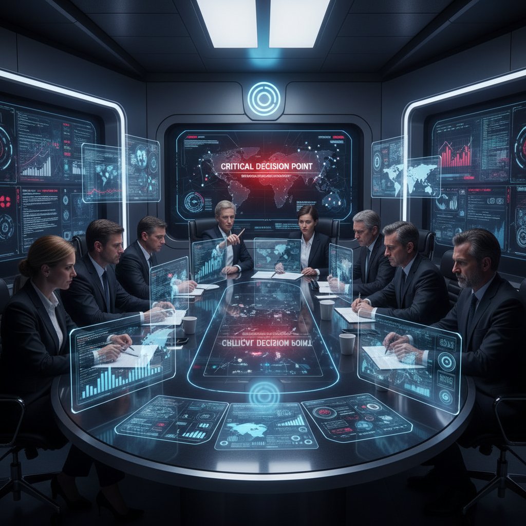Executives in tense discussion with digital dashboards glowing, symbolizing automate strategic decision support