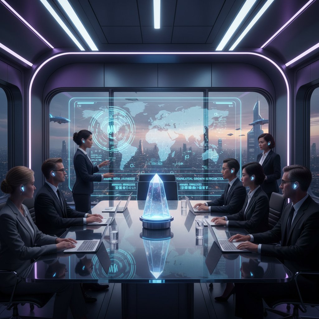 Spotkanie biznesowe z wykorzystaniem tłumacza AI, cyfrowe tablice, zespół pracujący z AI