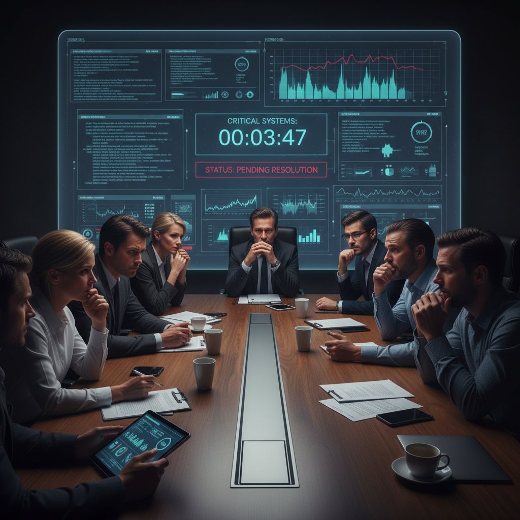 A tense boardroom scene with a live support dashboard, team locked in anticipation, symbolizing high-stakes support resolution