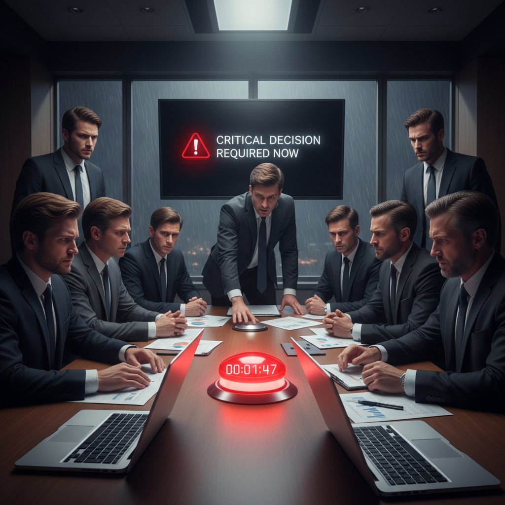 Sala zarządu pełna napięcia i presji decyzyjnej