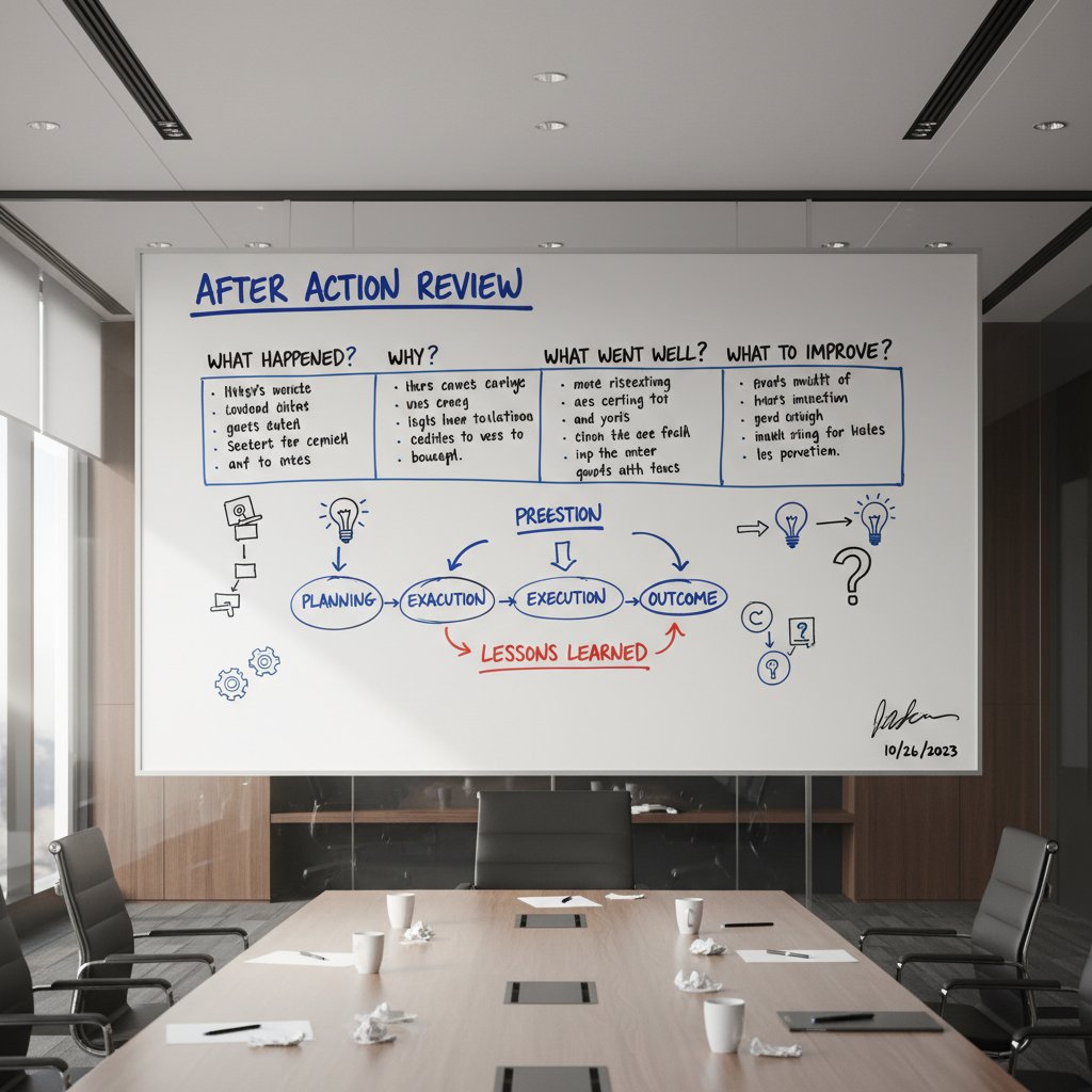 Boardroom whiteboard with financial transformation diagrams after-action review