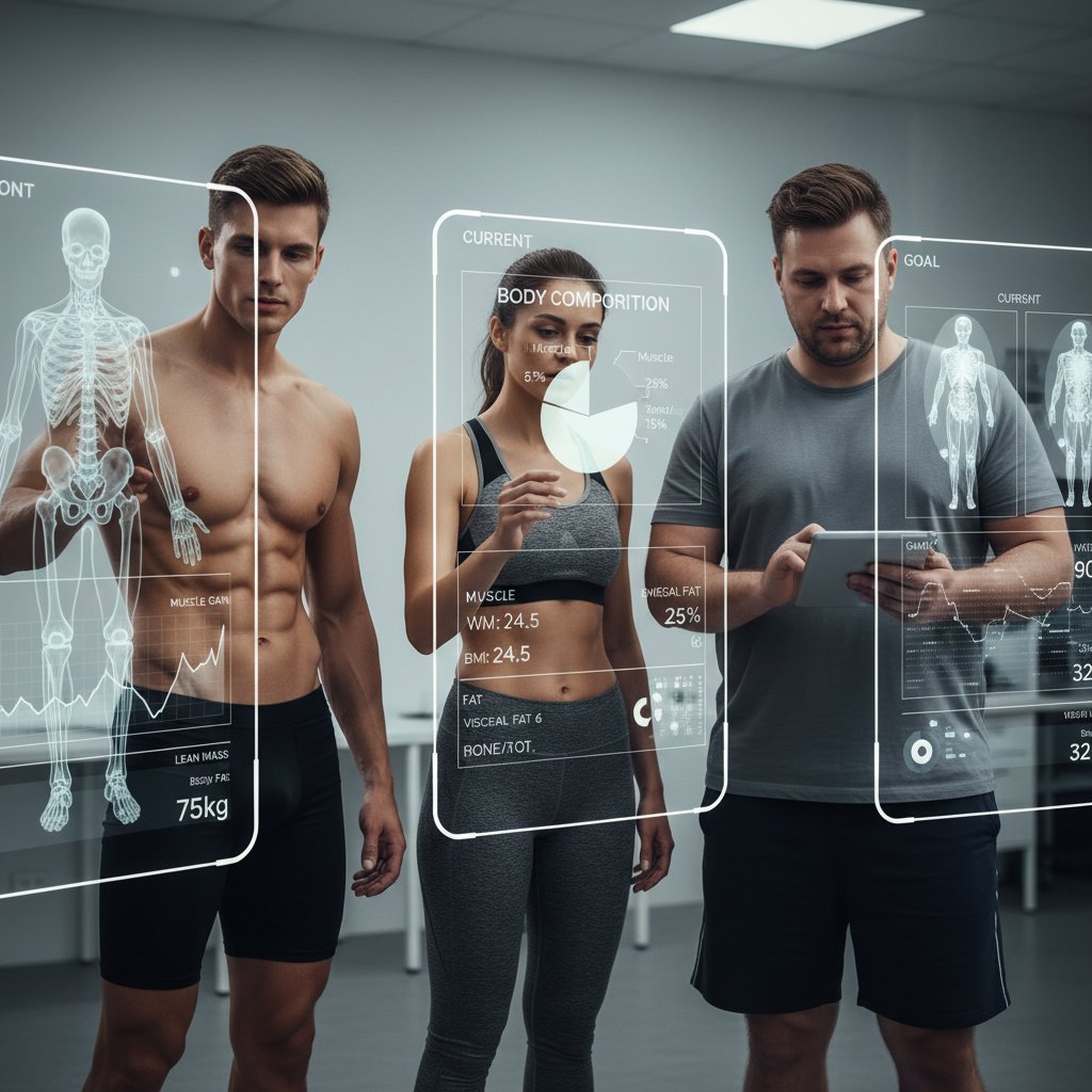 Trzy osoby o różnych sylwetkach analizujące swoje wyniki na analizatorach składu ciała