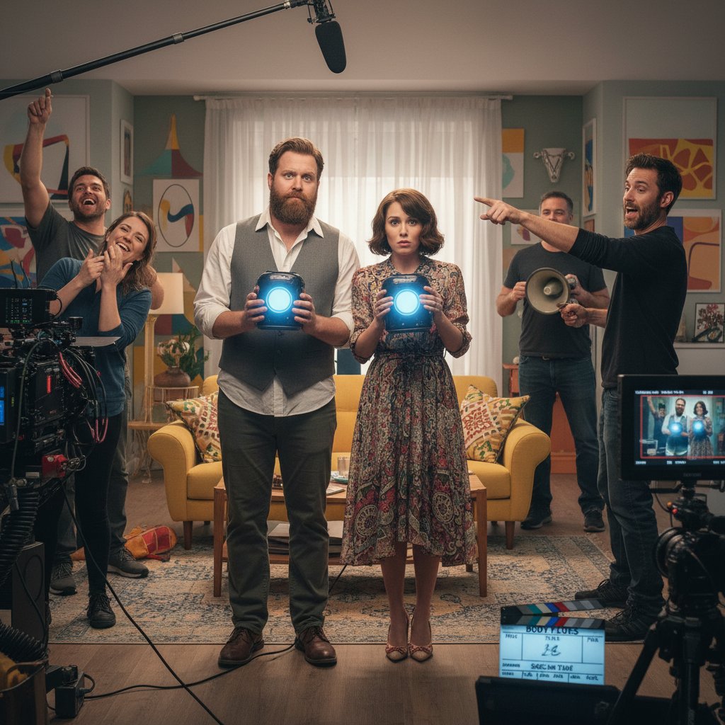 Actors preparing for a body-swap comedy scene, behind-the-scenes photo of 2003 Freaky Friday cast laughing