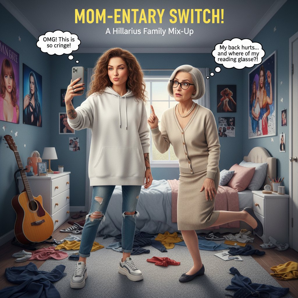 Iconic scene from a body-swap comedy film, split-screen of mother and daughter mimicking each other