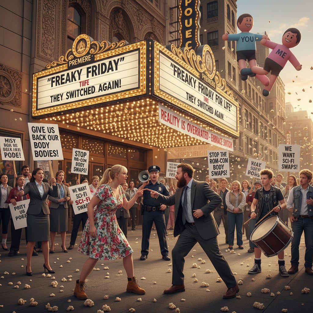 Moviegoers protesting a controversial body swap film outside a cinema, reflecting genre controversies