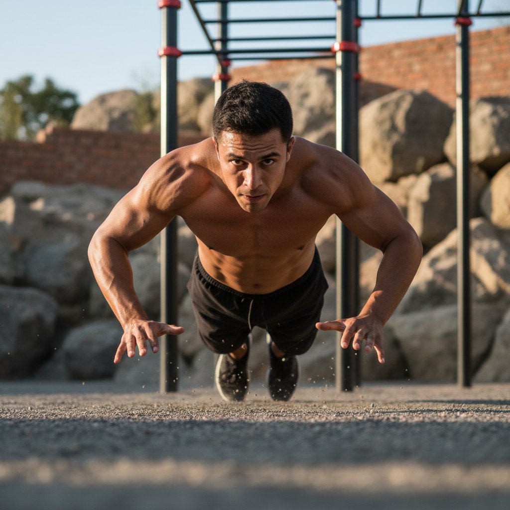 Zbliżenie na osobę wykonującą dynamiczne ćwiczenie obwodowe z wykorzystaniem własnego ciężaru ciała