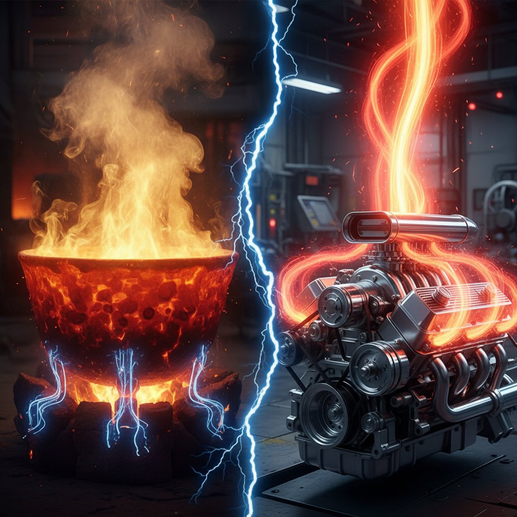 Gotujący się garnek i schemat silnika samochodowego obok siebie, oba pokazujące przepływ energii