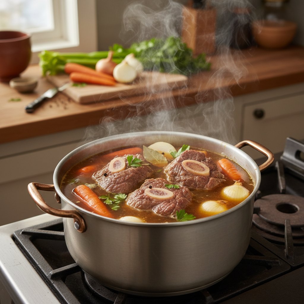 Gotujący się bulion w garnku, unosząca się para, zbliżenie na świeże warzywa i mięso z kością