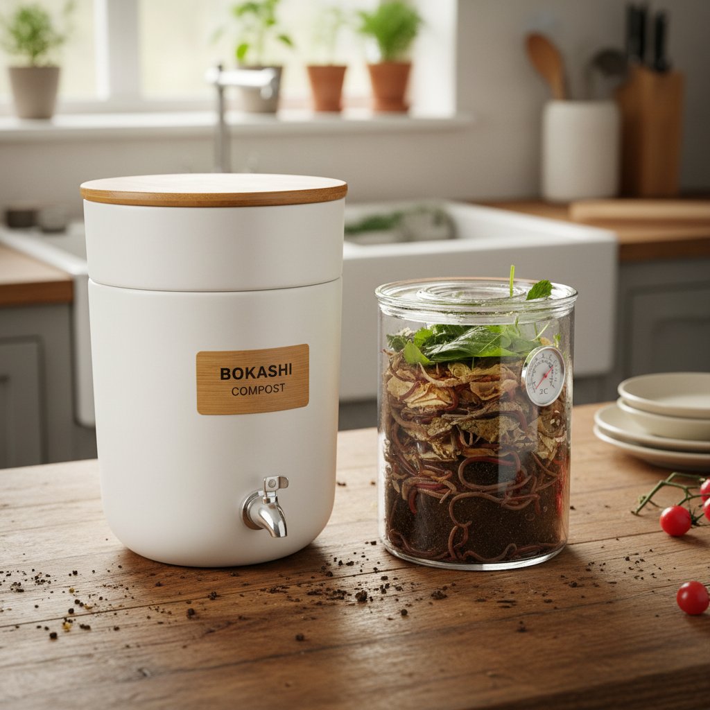Pojemnik bokashi i farma dżdżownic na blacie kuchennym, nowoczesne rozwiązania