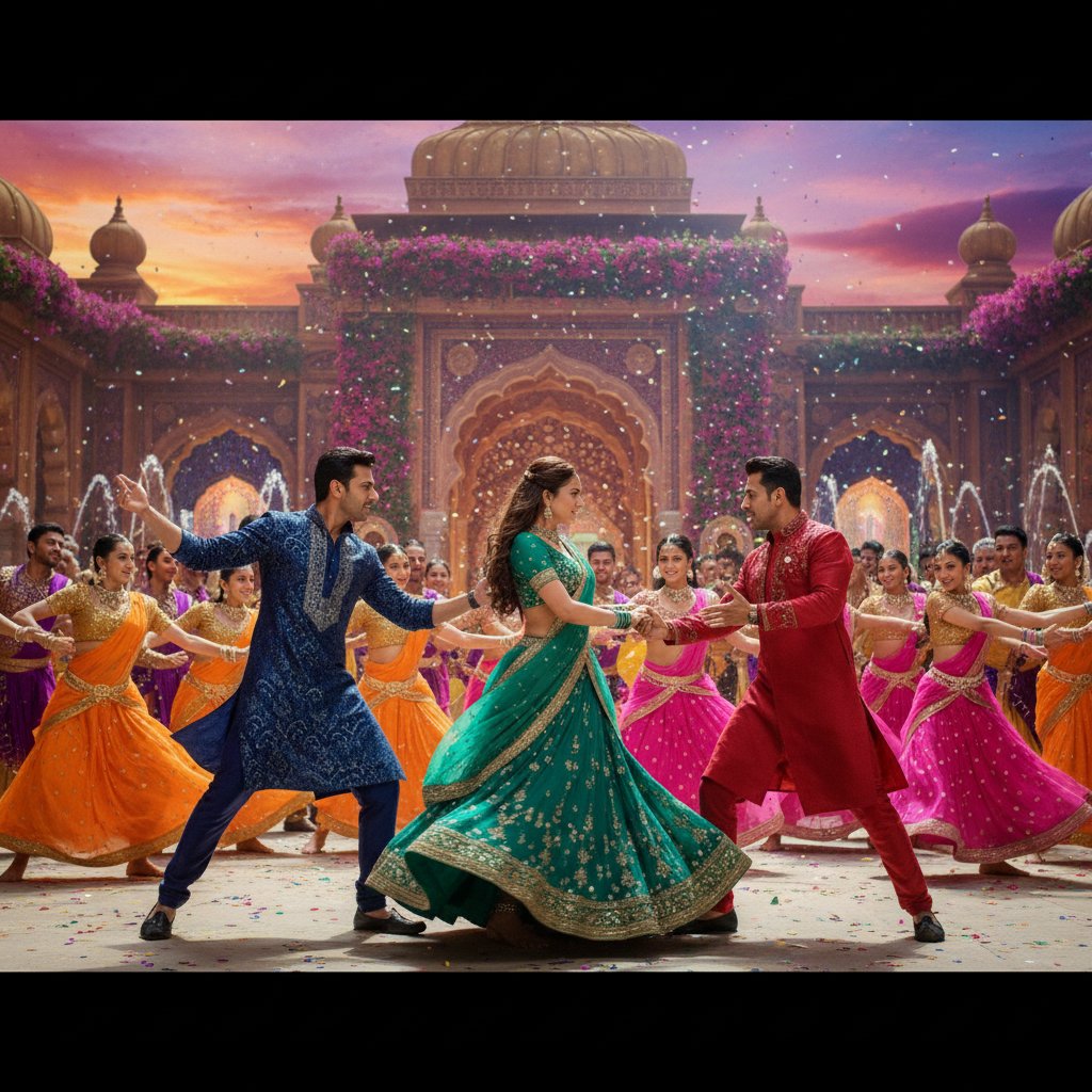 Vibrant Bollywood dance scene with three leads, high color saturation, 16:9. Alt: Bollywood love triangle musical number bursting with energy