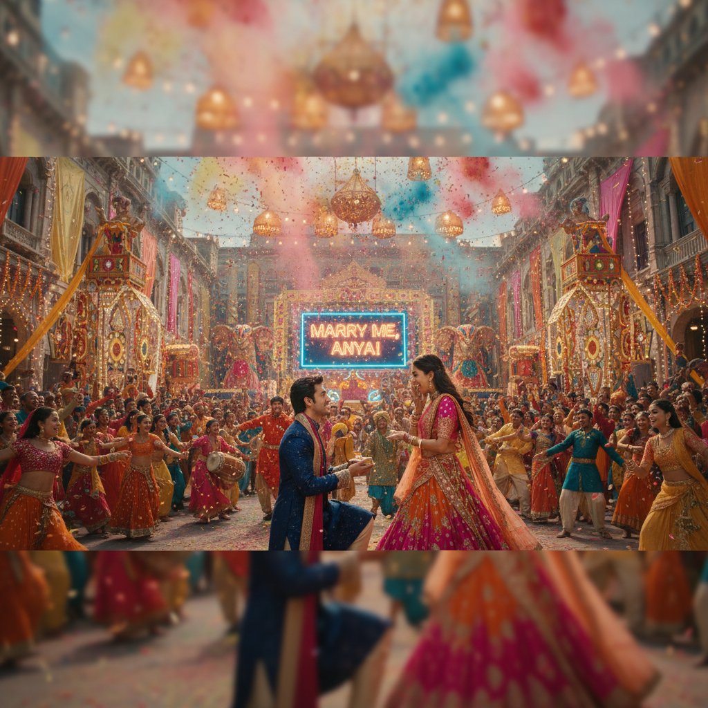 Vibrant Bollywood-style movie proposal with colorful costumes and festive setting