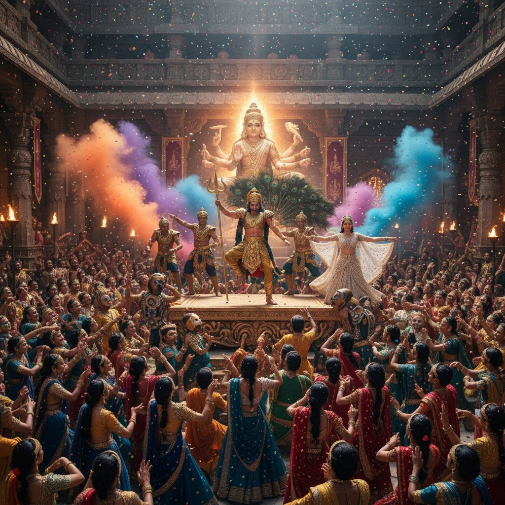 Vibrant Bollywood mythology movie scene, energetic crowd, dramatic costumes, mythology movies