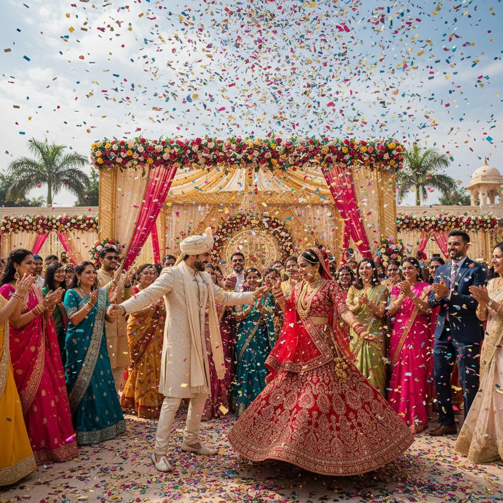 Bollywood wedding scene with dancing and confetti, from a romantic comedy
