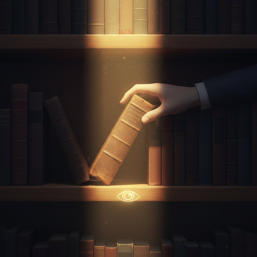 Artystyczne zdjęcie książki odkładanej na półkę, symboliczne światło sugerujące koniec historii prezentowej