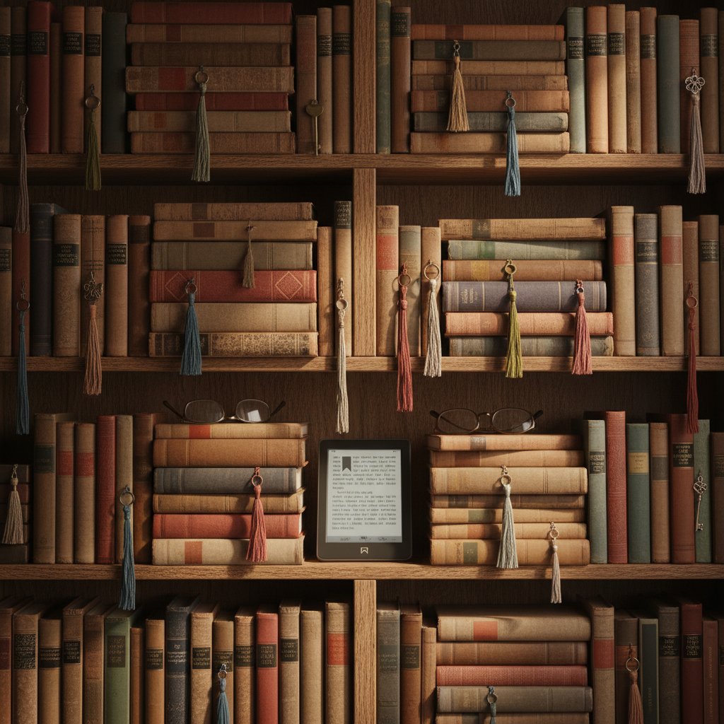 Bliska fotografia półki z książkami, zakładkami i czytnikiem e-booków