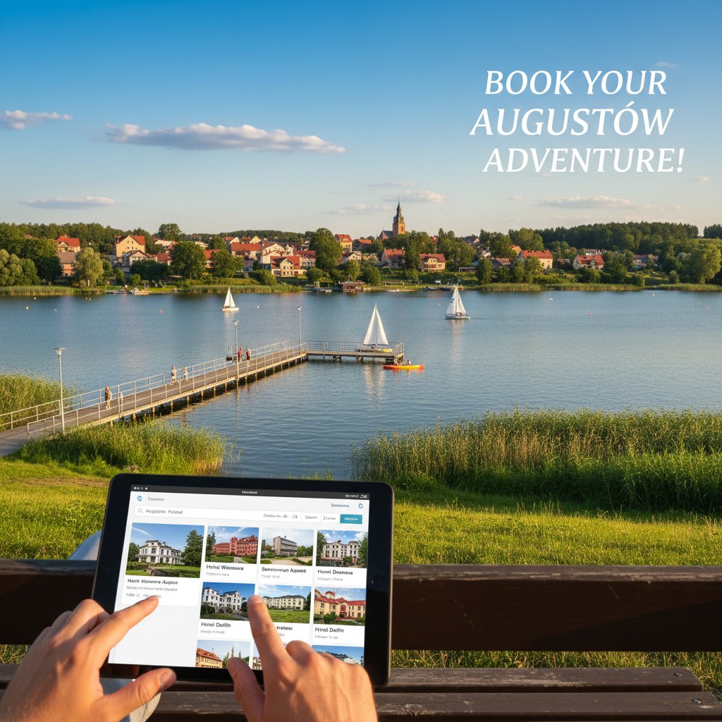 Proces rezerwacji noclegu online przez telefon i laptop, osoba analizuje oferty noclegów Augustów