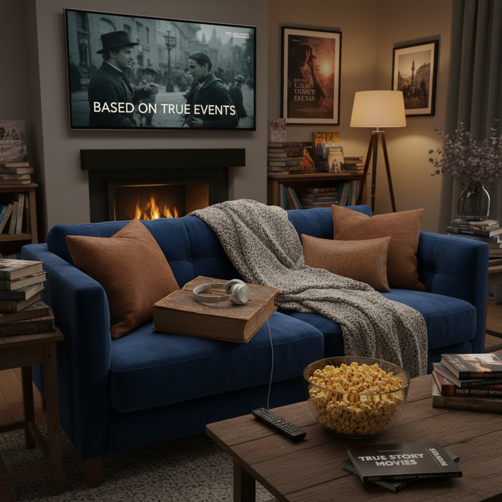Books and podcasts about true story movies on a cozy sofa, inviting further exploration of movie true story cinema